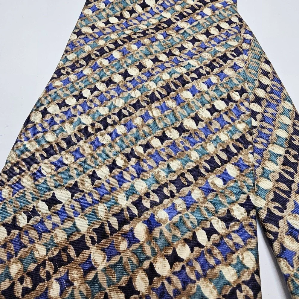 Geoffrey Beene Luxury Tie Gold Blue Green Geometric Woven 100% Silk Necktie‎ USA